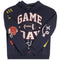 A navy blue hooded sweatshirt with a distressed 'GAME DAY' football graphic on the front, featuring a football, stars, and a red helmet illustration on the sleeves, shown against a plain white background.