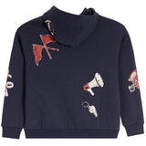 A navy blue hooded sweatshirt shown from the back, featuring distressed sports-themed graphics including a football, flags, a megaphone, a whistle, and a football helmet on the sleeves.