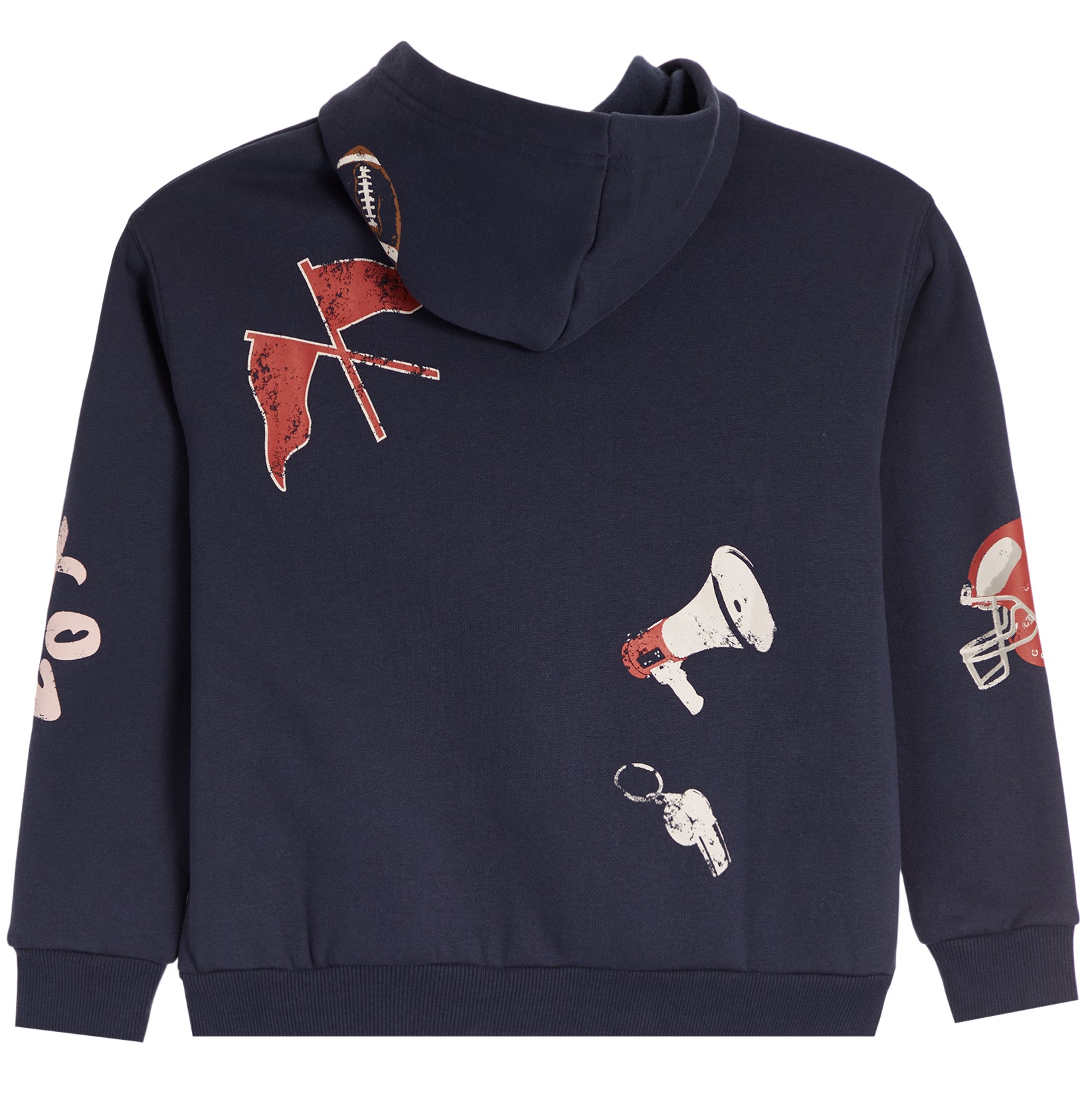 A navy blue hooded sweatshirt shown from the back, featuring distressed sports-themed graphics including a football, flags, a megaphone, a whistle, and a football helmet on the sleeves.