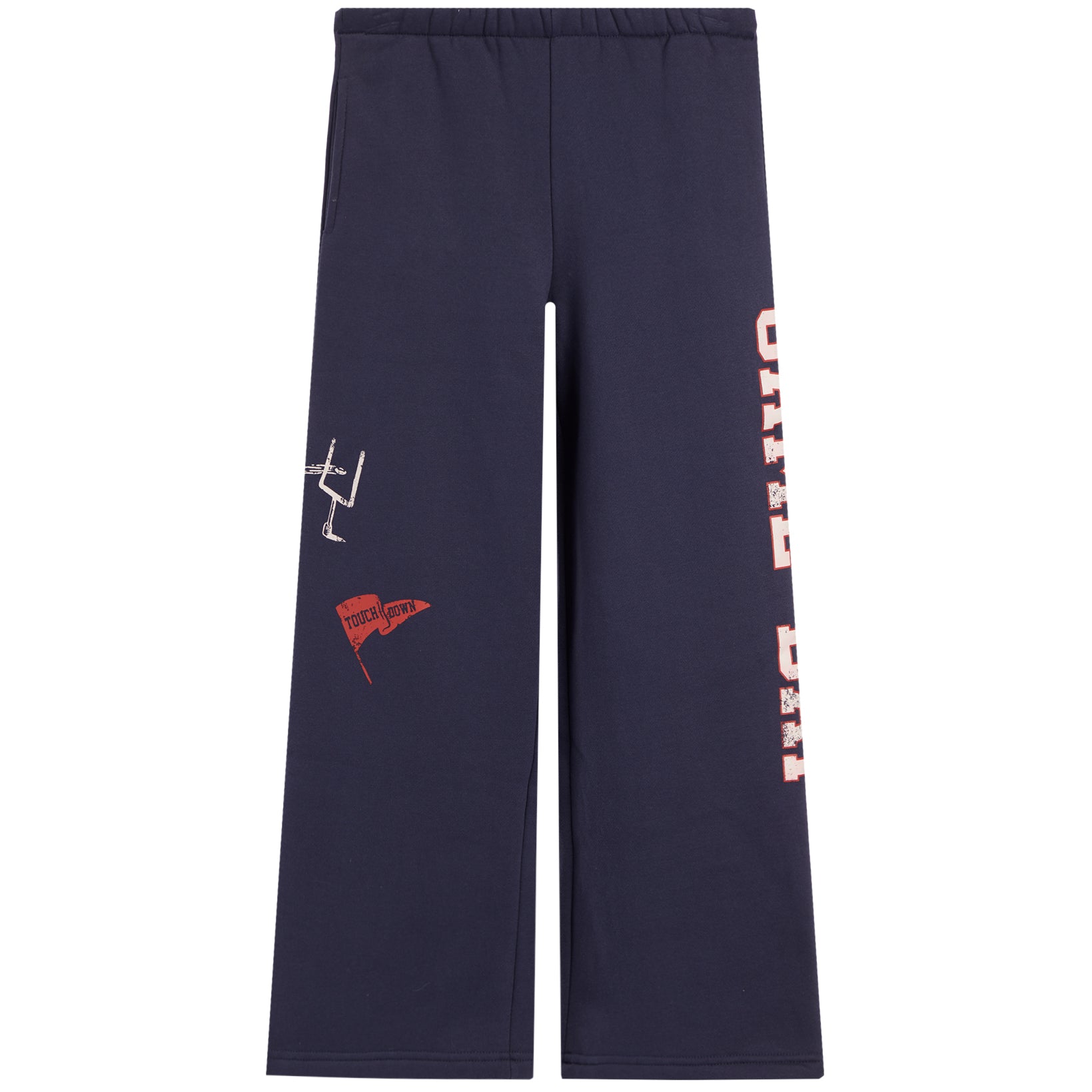 Navy blue wide-leg sweatpants featuring a white graphic on the left thigh, a small red flag patch, and vertical 'GAME DAY' text on the right leg, shown against a plain white background.