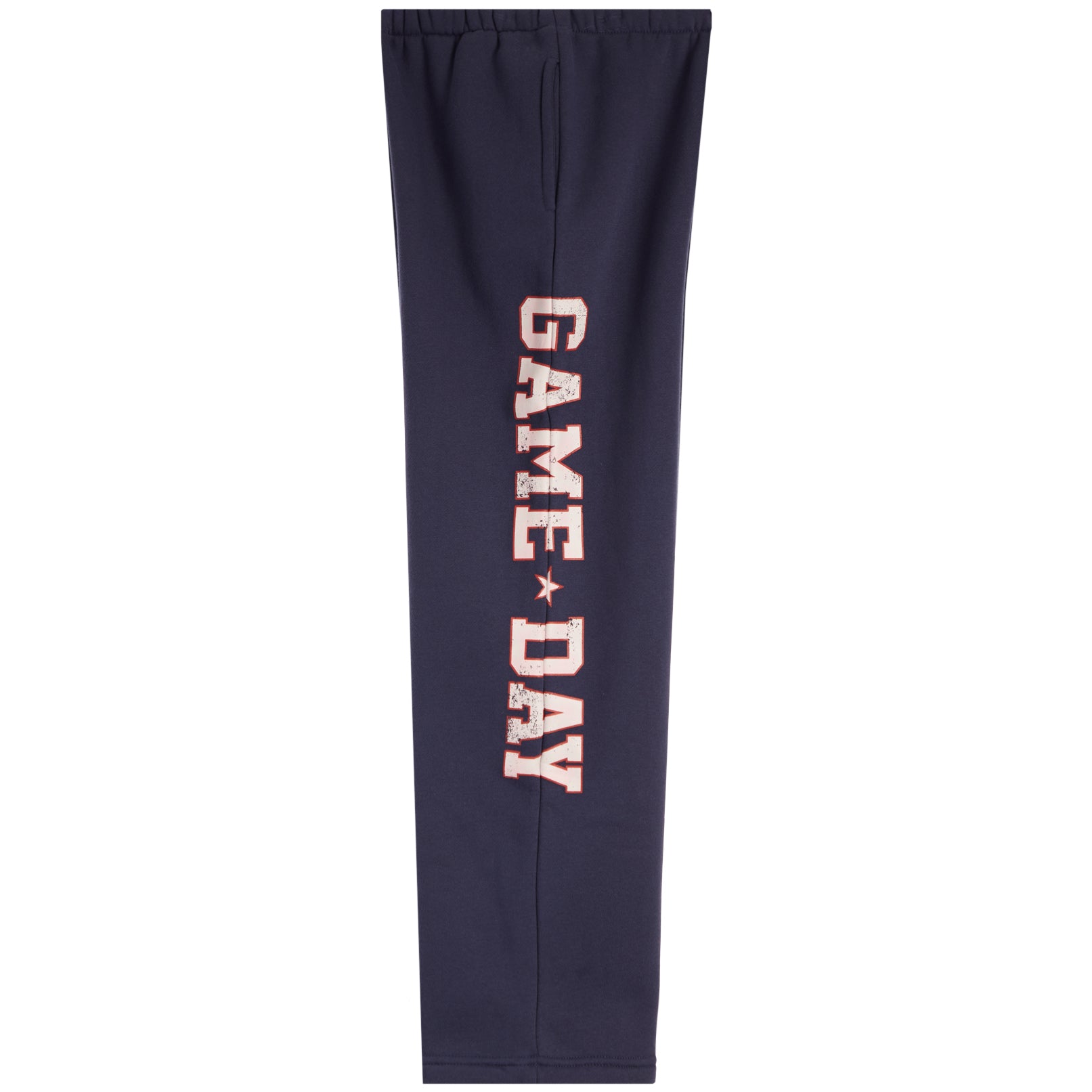 Navy blue sweatpants featuring the words 'GAME DAY' printed vertically in white varsity-style letters with a small star between each word, set against a plain white background.