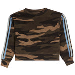 A cropped crewneck sweatshirt featuring a dark brown and tan camouflage pattern with stripes down the sleeves, shown flat on a white background.
