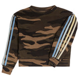 A long-sleeve crewneck sweatshirt featuring a brown and black camouflage pattern, with four vertical stripes on each sleeve in blue, light blue, cream, and tan, displayed on a solid white background.