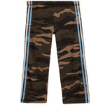 A pair of children's camouflage pants featuring a brown, black, and tan camo pattern with stripes running down the sides, shown against a plain white background.