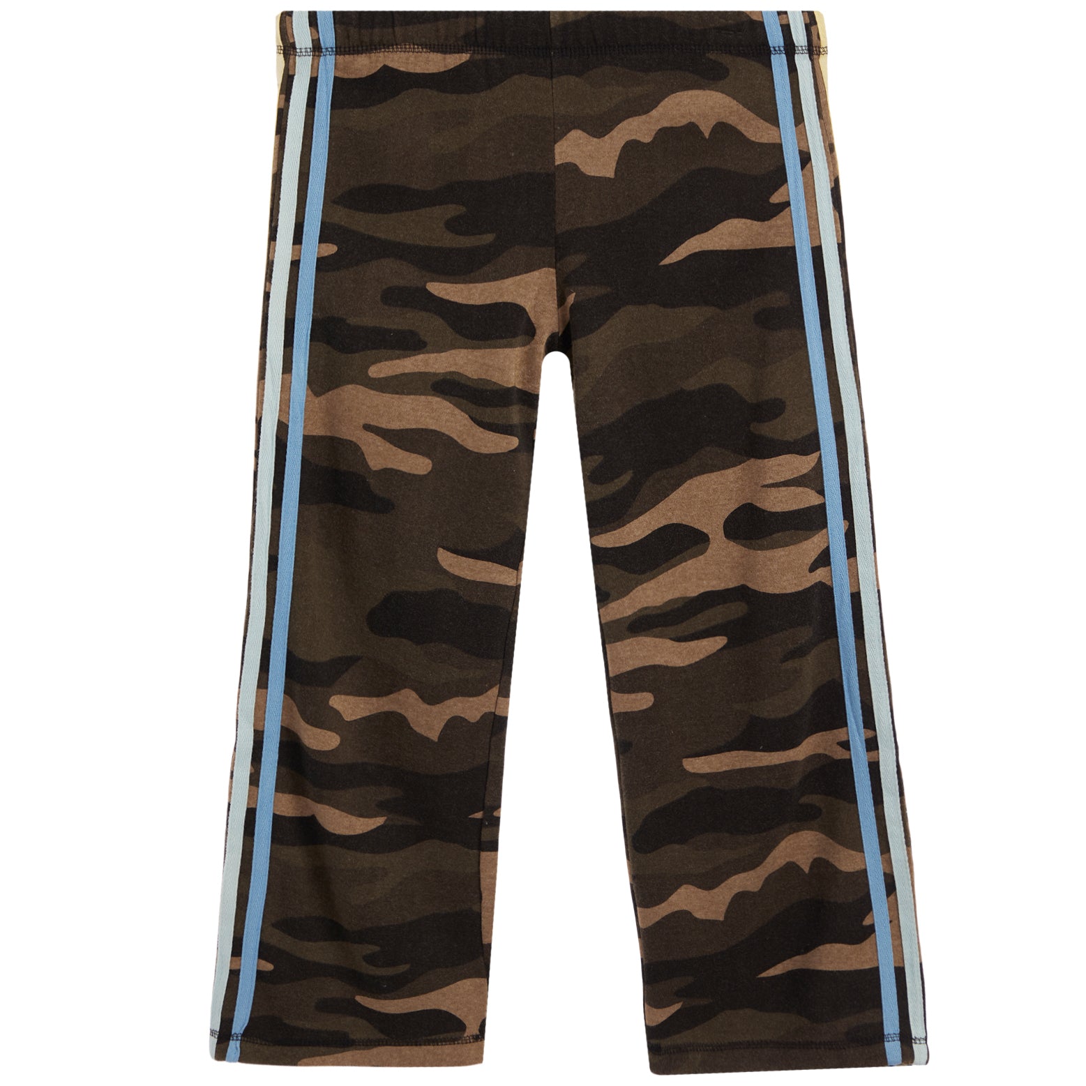 A pair of children's camouflage pants featuring a brown, black, and tan camo pattern with stripes running down the sides, shown against a plain white background.