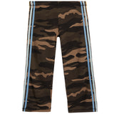 A pair of children's camouflage pants featuring a brown, black, and tan camo pattern with stripes running down the sides, shown against a plain white background.