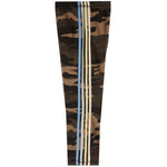A single camouflage-patterned track pants leg shown flat against a solid white background, featuring four vertical stripes down the center in blue, light blue, beige, and yellow.