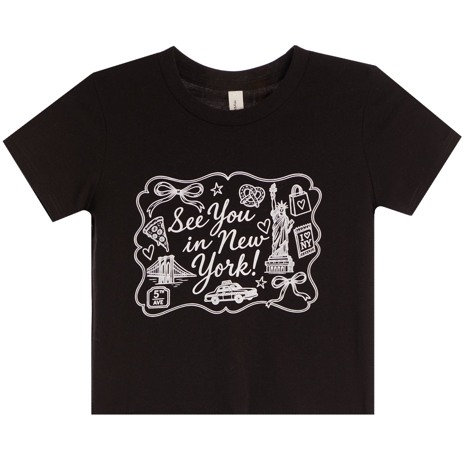 A black short-sleeve crewneck t-shirt with a white graphic print on the front that reads 'See You in New York!' surrounded by New York-themed illustrations like the Statue of Liberty, a cab, and a pizza slice.