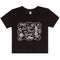 A black short-sleeve crewneck t-shirt with a white graphic print on the front that reads 'See You in New York!' surrounded by New York-themed illustrations like the Statue of Liberty, a cab, and a pizza slice.