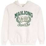 An off-white pullover hoodie featuring a green graphic print on the front that reads 'MAHJONG Social Club' with two playing cards and a laurel wreath.