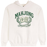 An off-white pullover hoodie featuring a green graphic print on the front that reads 'MAHJONG Social Club' with two playing cards and a laurel wreath.