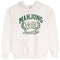 An off-white pullover hoodie featuring a green graphic print on the front that reads 'MAHJONG Social Club' with two playing cards and a laurel wreath.