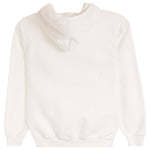 A plain white hooded sweatshirt shown from the back, featuring a simple crew neck, long sleeves, and ribbed cuffs and hem, set against a solid white background.