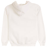 A plain white hooded sweatshirt shown from the back, featuring a simple crew neck, long sleeves, and ribbed cuffs and hem, set against a solid white background.