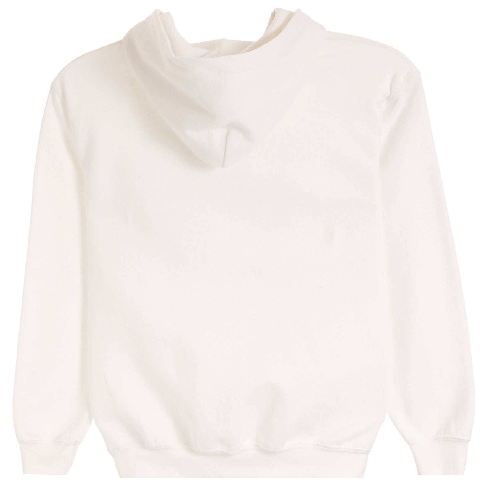 A plain white hooded sweatshirt shown from the back, featuring a simple crew neck, long sleeves, and ribbed cuffs and hem, set against a solid white background.