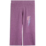 Purple heather kid's pants with a colorful lightning bolt graphic on the left leg, shown flat against a white background.