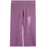 Purple heather kid's pants with a colorful lightning bolt graphic on the left leg, shown flat against a white background.