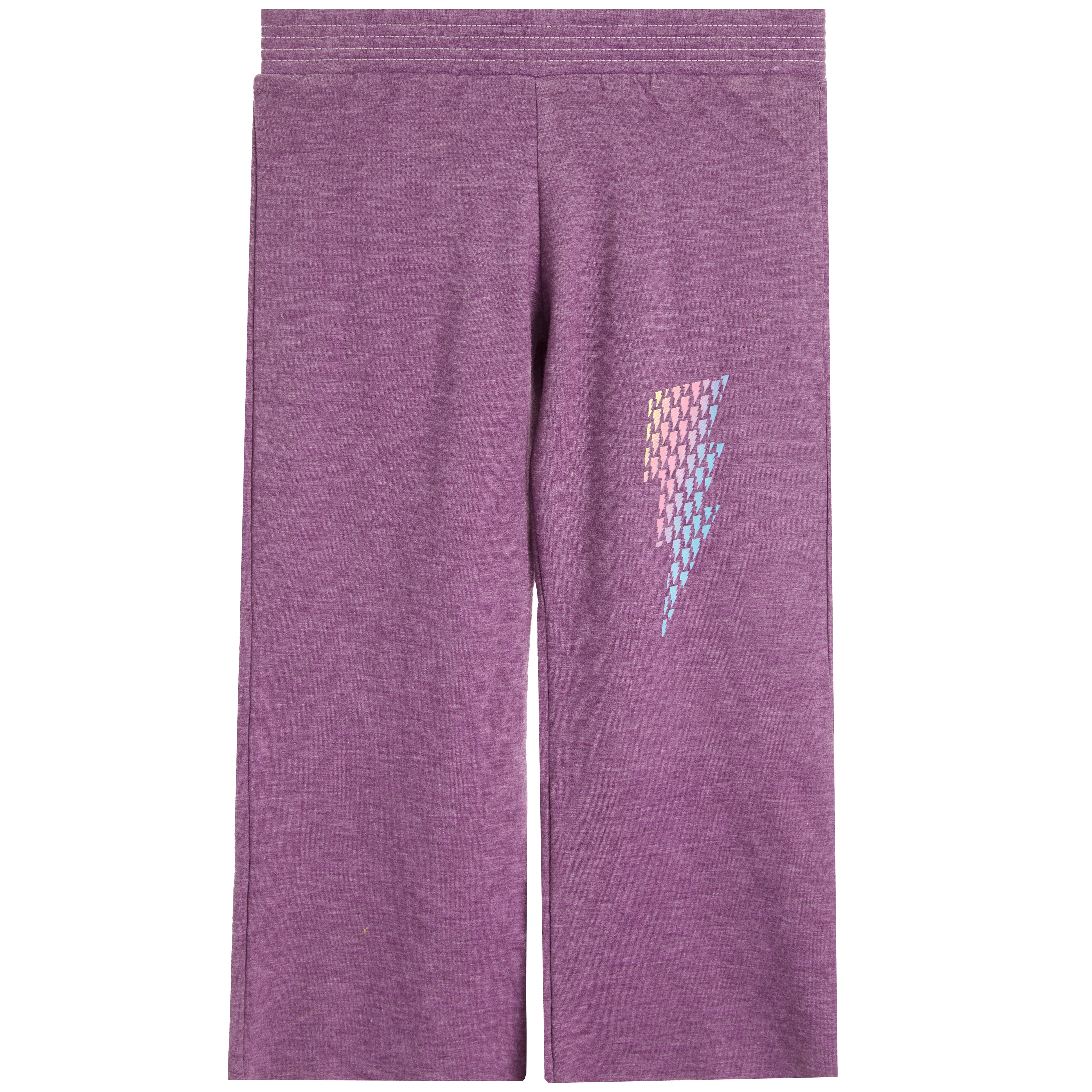 Purple heather kid's pants with a colorful lightning bolt graphic on the left leg, shown flat against a white background.