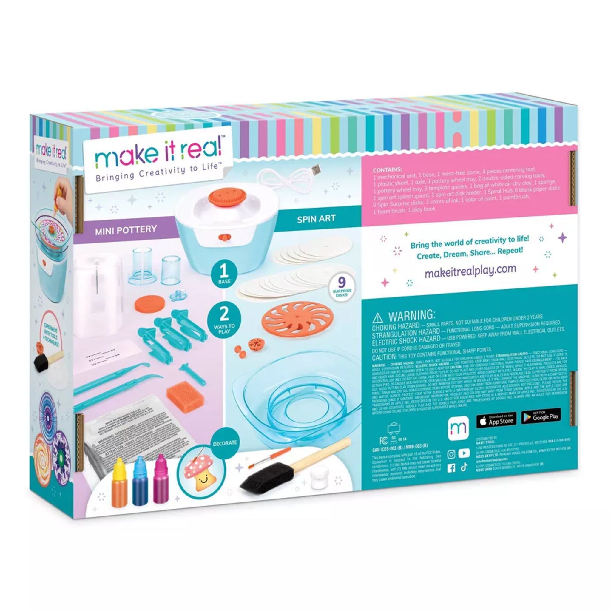 The retail packaging box for the 'make it real! Mini Pottery: Spin Art' craft kit by MakeItRealPlay. The box features a colorful pastel design with stripes, illustrations of the included pottery tools and bowls, and product details on the right side.