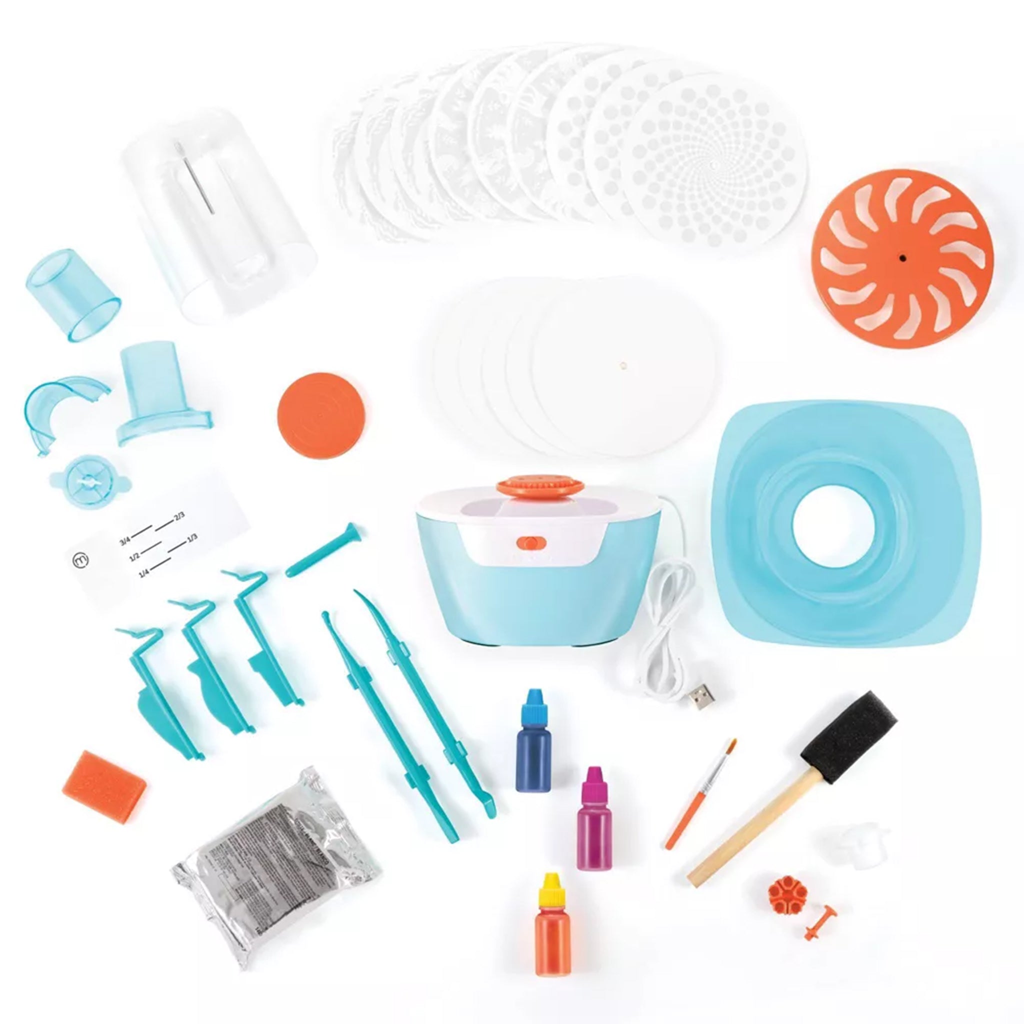 A art kit with a light blue and white electric spinner, multiple white and blue plates and tools, orange and blue bottles, brushes, and accessories arranged on a white background.