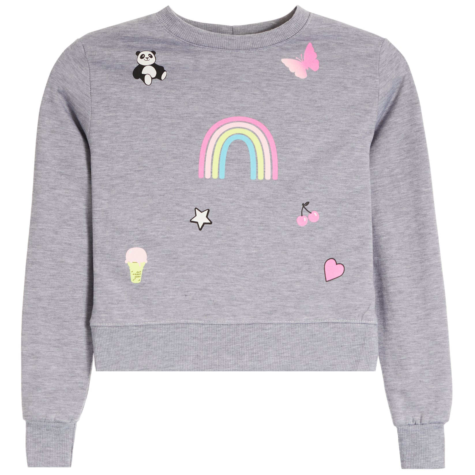 A heather gray crewneck sweatshirt featuring colorful cartoon graphics including a rainbow, butterfly, panda, cherries, ice cream cone, star, and hearts.
