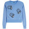 A light blue crewneck sweatshirt featuring three cartoon smiley face graphics with hearts on the front, displayed on a clean white background.