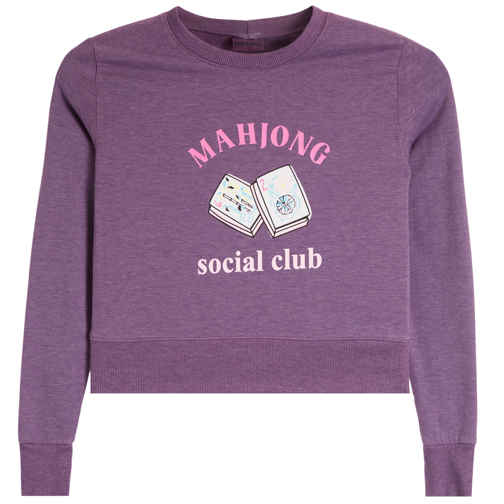 A heather purple cropped crewneck sweatshirt featuring a pink and white graphic print on the front with the text 'MAHJONG social club' and an illustration of mahjong tiles.