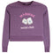 A heather purple cropped crewneck sweatshirt featuring a pink and white graphic print on the front with the text 'MAHJONG social club' and an illustration of mahjong tiles.