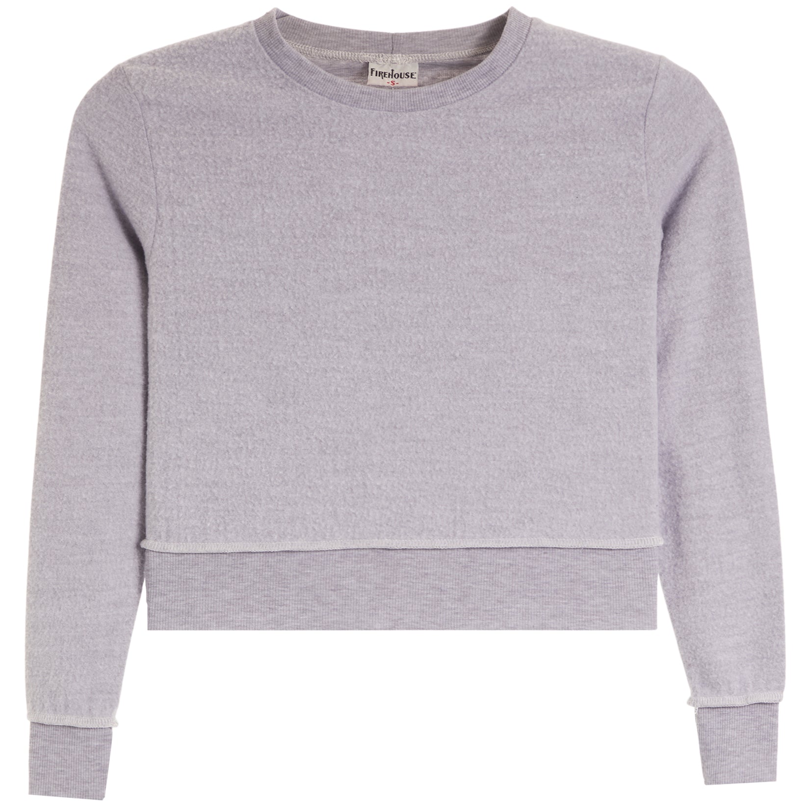 A light gray heather crewneck sweatshirt with long sleeves and ribbed cuffs, displayed flat against a white background.