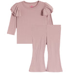 2pc Ribbed Ruffle Tee Flare Pant Set - Denny's