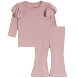 2pc Ribbed Ruffle Tee Flare Pant Set - Denny's