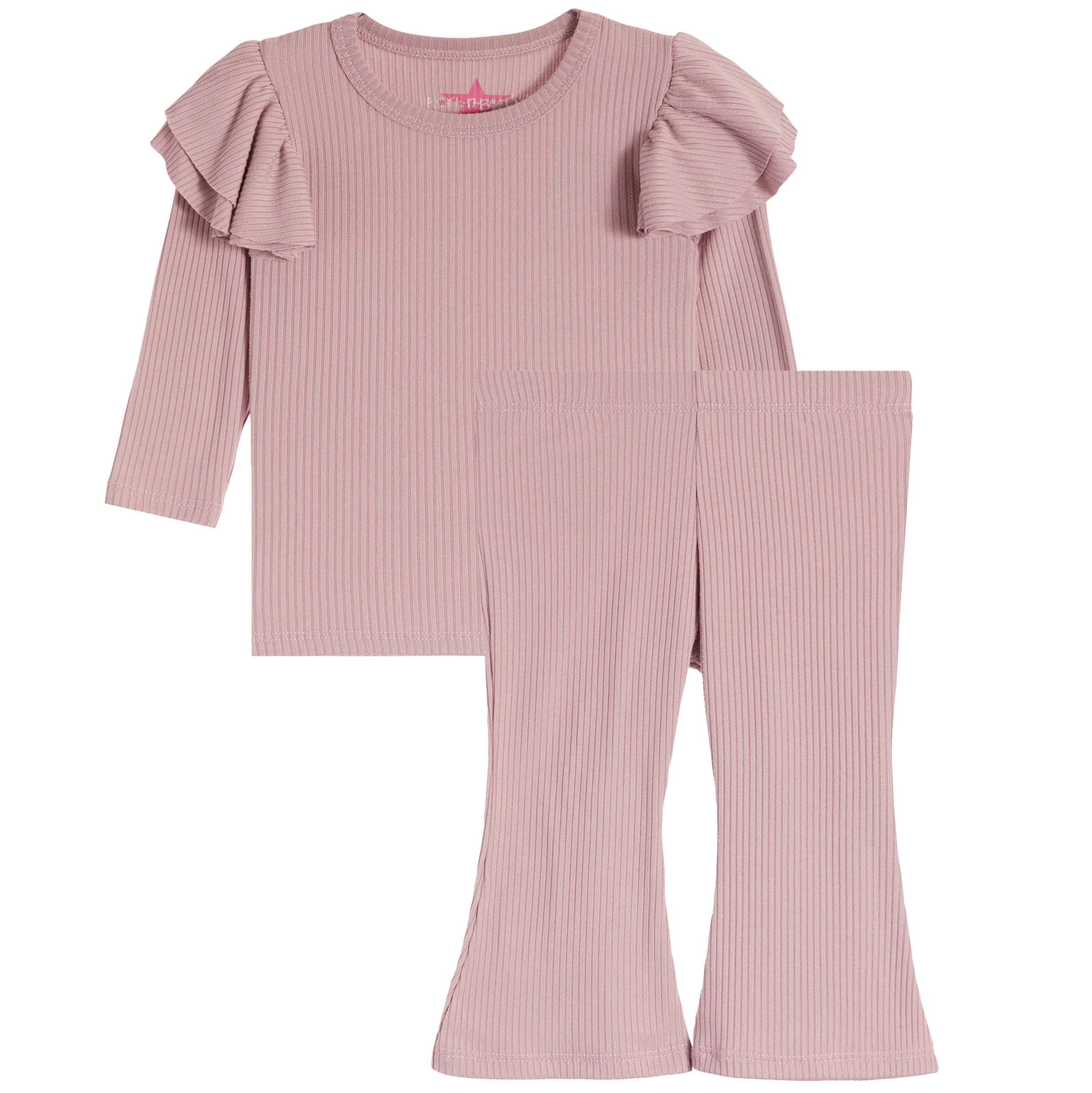 2pc Ribbed Ruffle Tee Flare Pant Set - Denny's