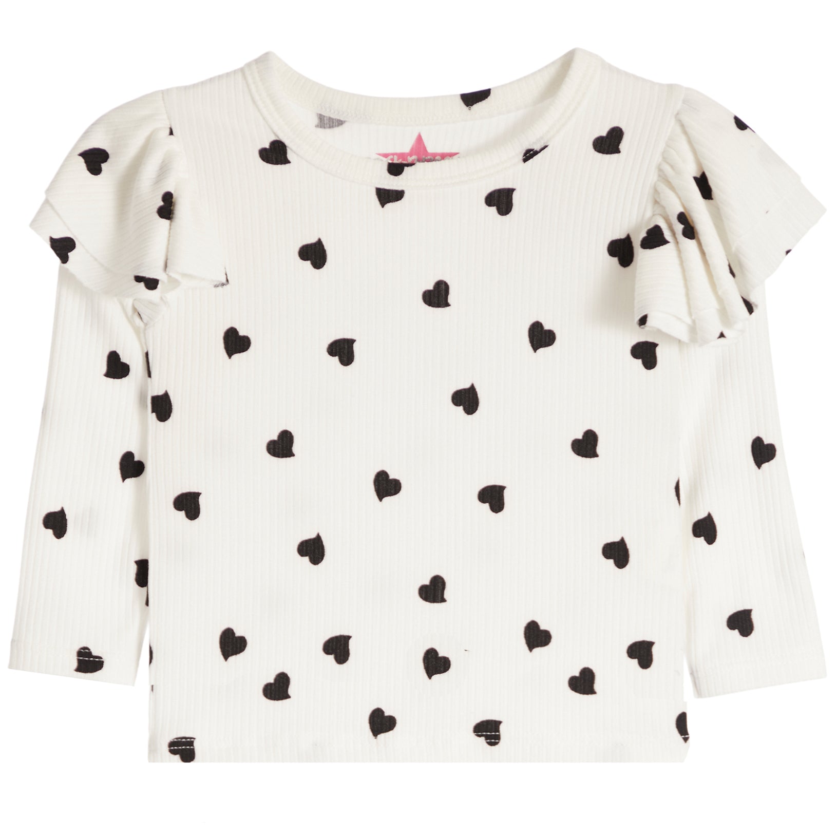Allover Black Heart Ruffle Long Sleeve Shirt - Denny's