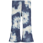 A pair of wide-leg, ribbed knit pants featuring a blue and white tie-dye spiral pattern, displayed flat against a solid white background.