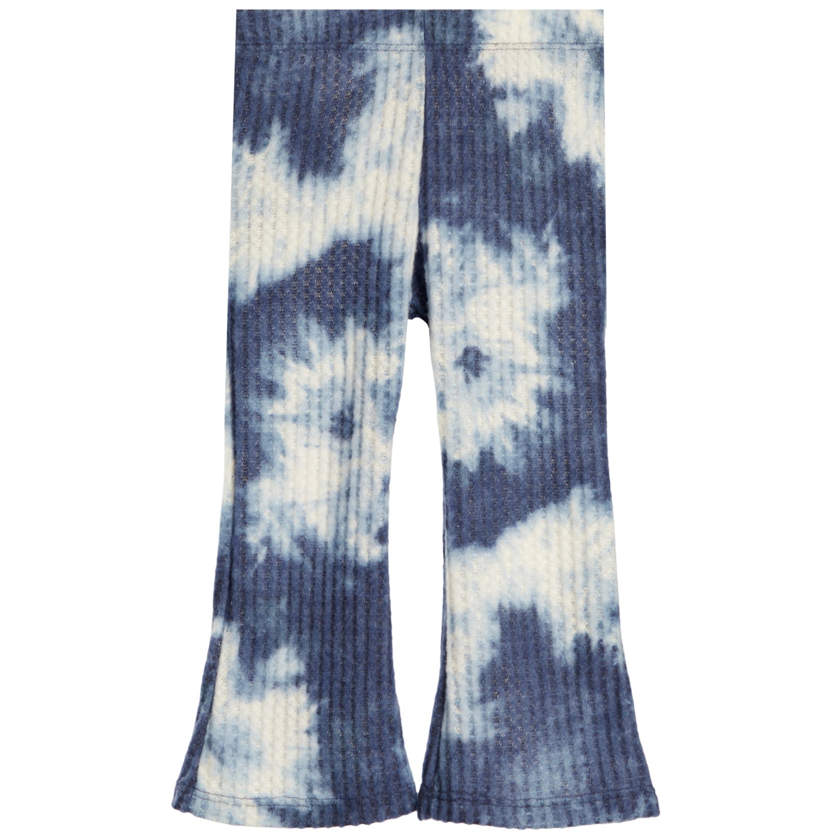 A pair of wide-leg, ribbed knit pants featuring a blue and white tie-dye spiral pattern, displayed flat against a solid white background.