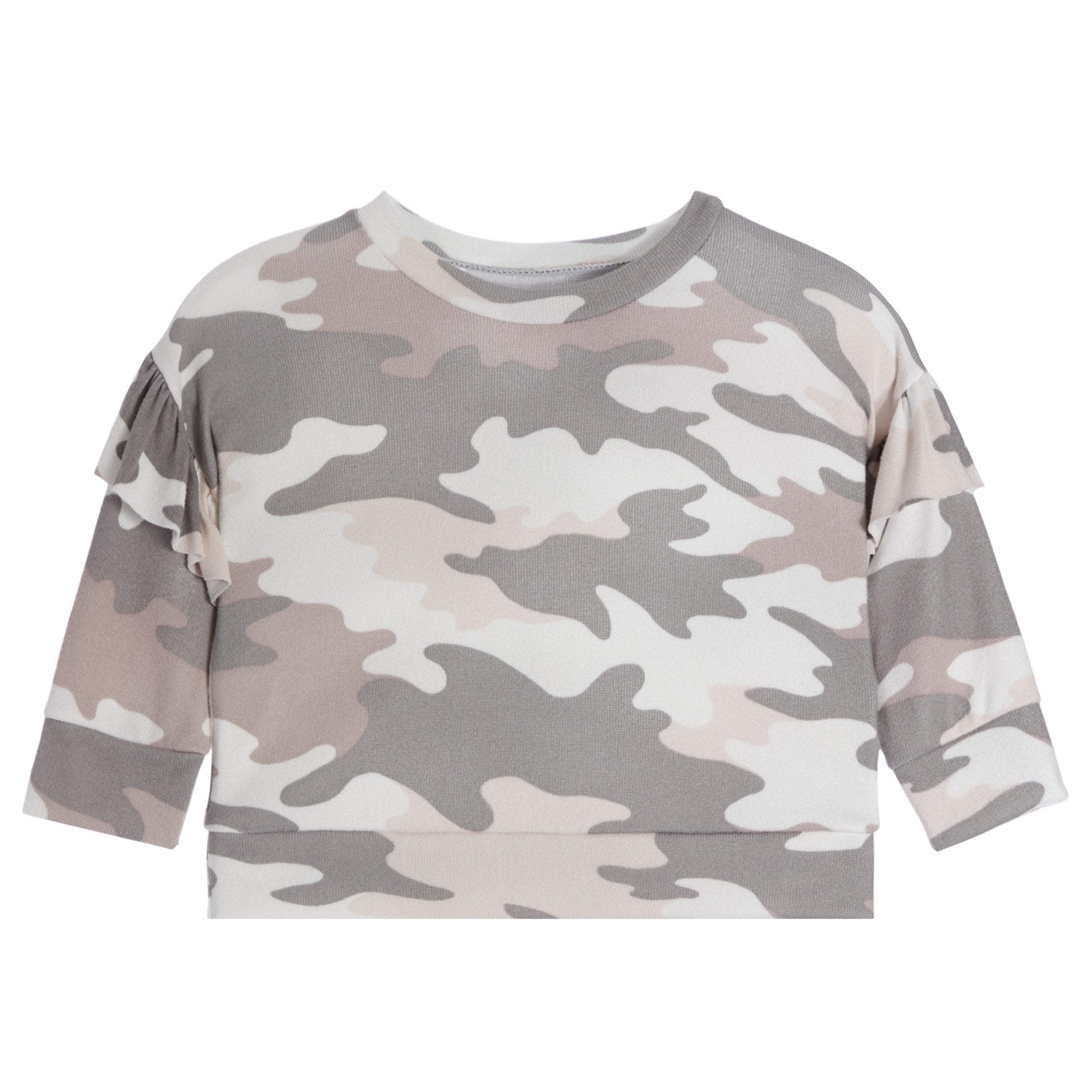 Camo Drop Shoulder Ruffle Knit Sweatshirt - Denny's