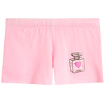 Light pink shorts featuring a small graphic of a perfume bottle with a pink heart on the lower left leg, set against a plain white background.