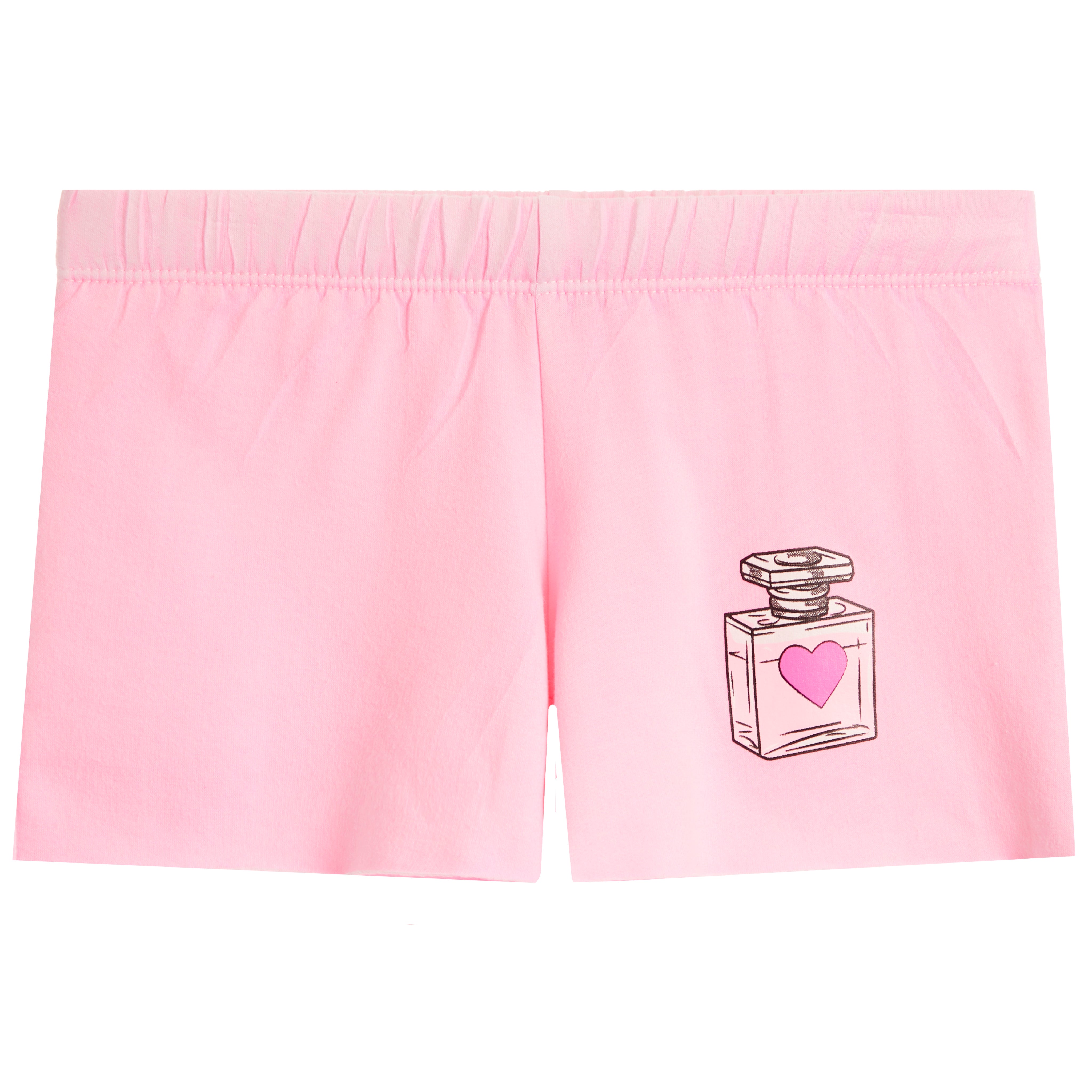 Light pink shorts featuring a small graphic of a perfume bottle with a pink heart on the lower left leg, set against a plain white background.