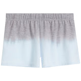 A pair of women's athletic shorts featuring a gray and white ombre gradient design, with an elastic waistband, shown against a plain white background.