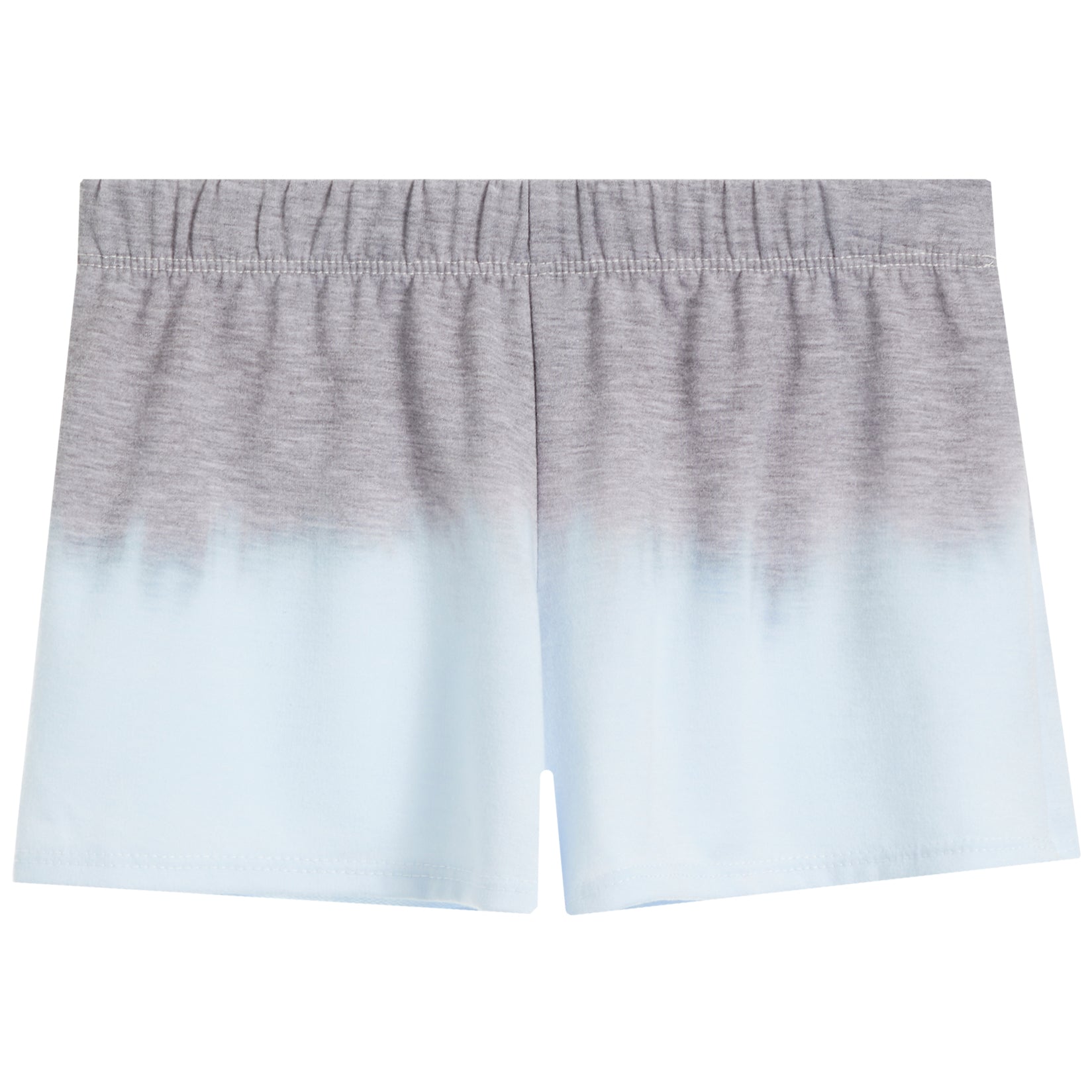 A pair of women's athletic shorts featuring a gray and white ombre gradient design, with an elastic waistband, shown against a plain white background.