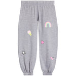 A pair of kids' heather gray sweatpants featuring colorful embroidered patches including a rainbow, ice cream cone, pink heart, star, and cherries.