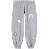 A pair of kids' heather gray sweatpants featuring colorful embroidered patches including a rainbow, ice cream cone, pink heart, star, and cherries.