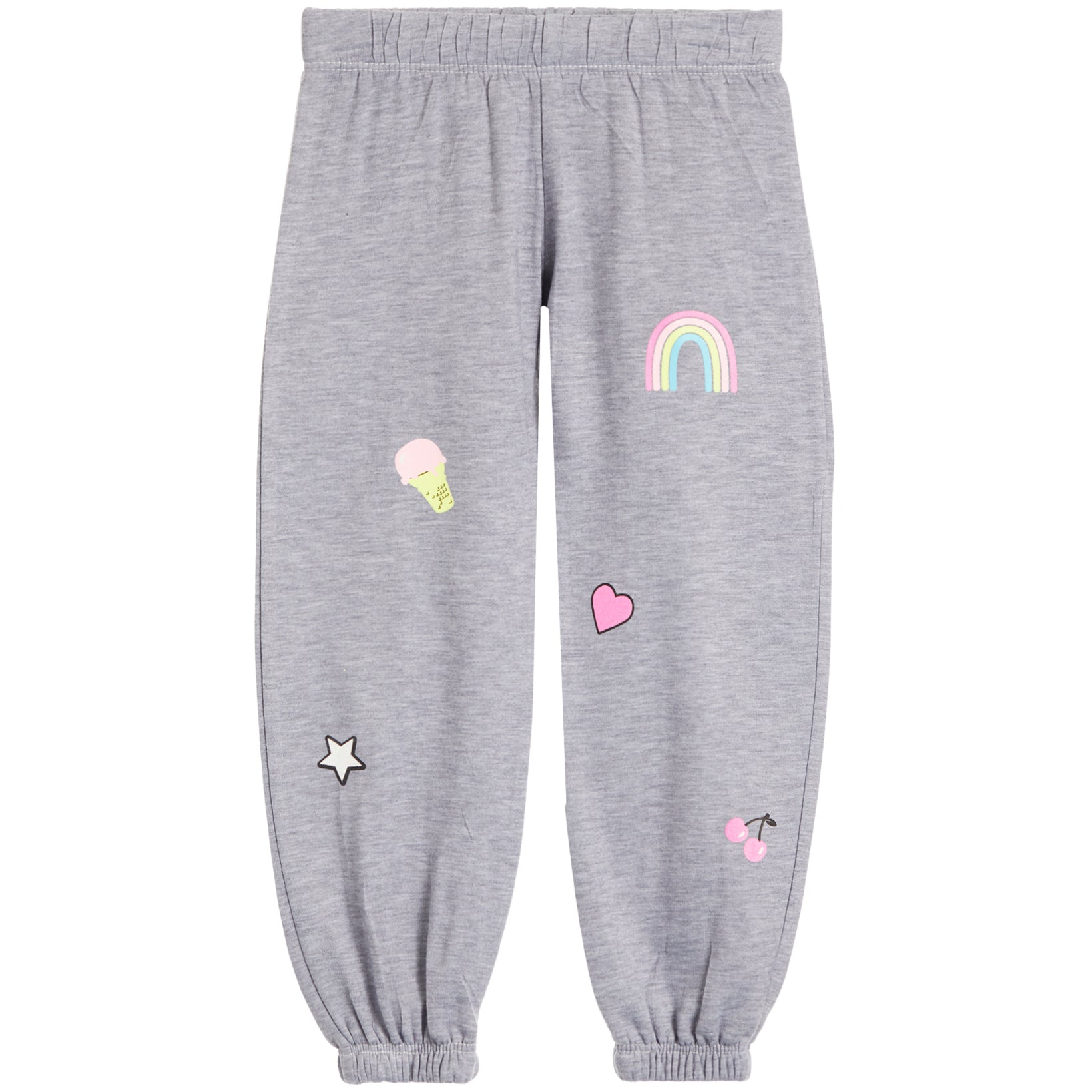 A pair of kids' heather gray sweatpants featuring colorful embroidered patches including a rainbow, ice cream cone, pink heart, star, and cherries.
