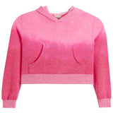 A pink cropped hoodie sweatshirt with a gradient fade effect, featuring long sleeves, ribbed cuffs, and a pocket on the front against on a white background.