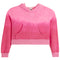 A pink cropped hoodie sweatshirt with a gradient fade effect, featuring long sleeves, ribbed cuffs, and a pocket on the front against on a white background.