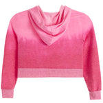 The back of a pink cropped hoodie sweatshirt with a gradient color transition from a darker heather pink at the bottom to a lighter pink at the top, featuring ribbed cuffs.