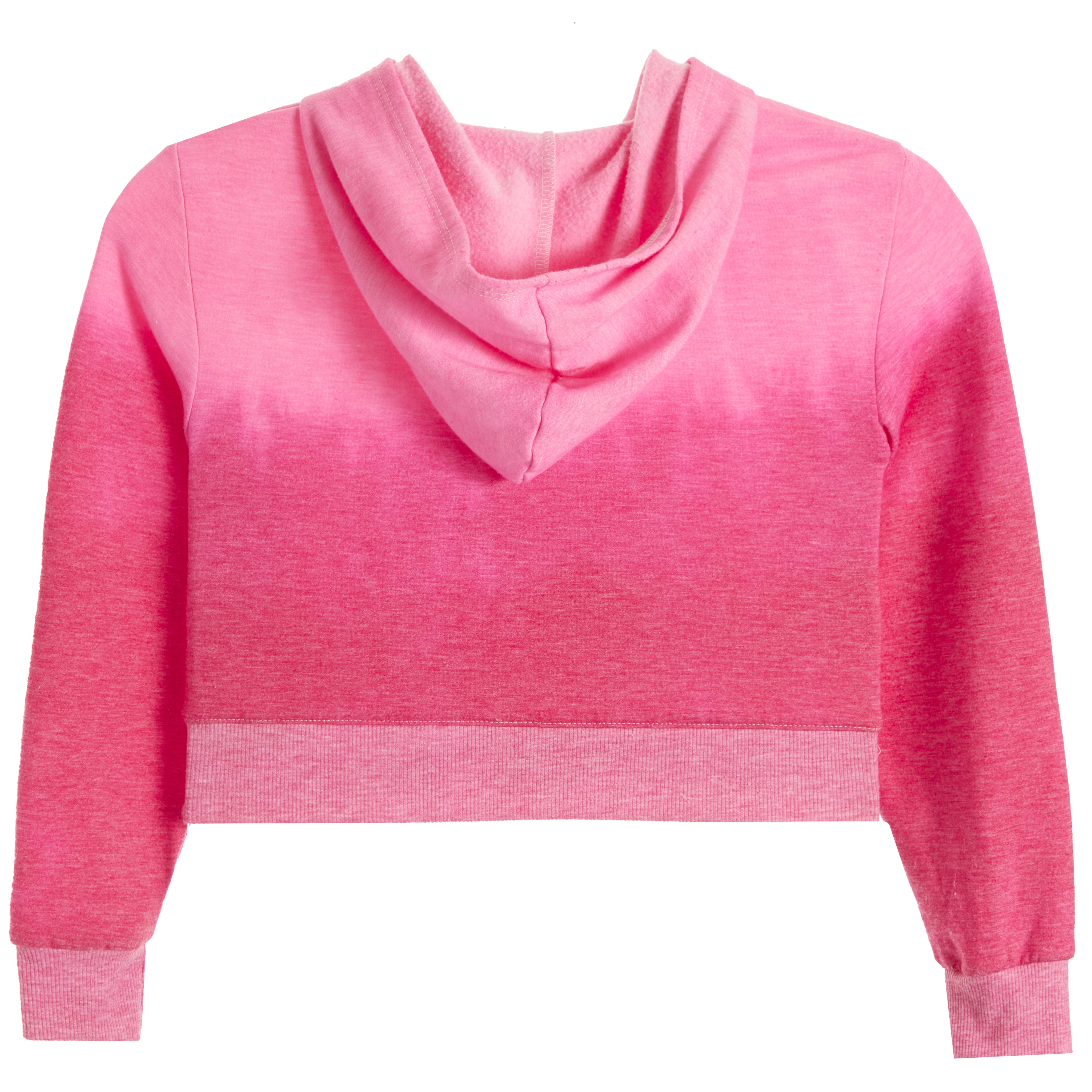 The back of a pink cropped hoodie sweatshirt with a gradient color transition from a darker heather pink at the bottom to a lighter pink at the top, featuring ribbed cuffs.