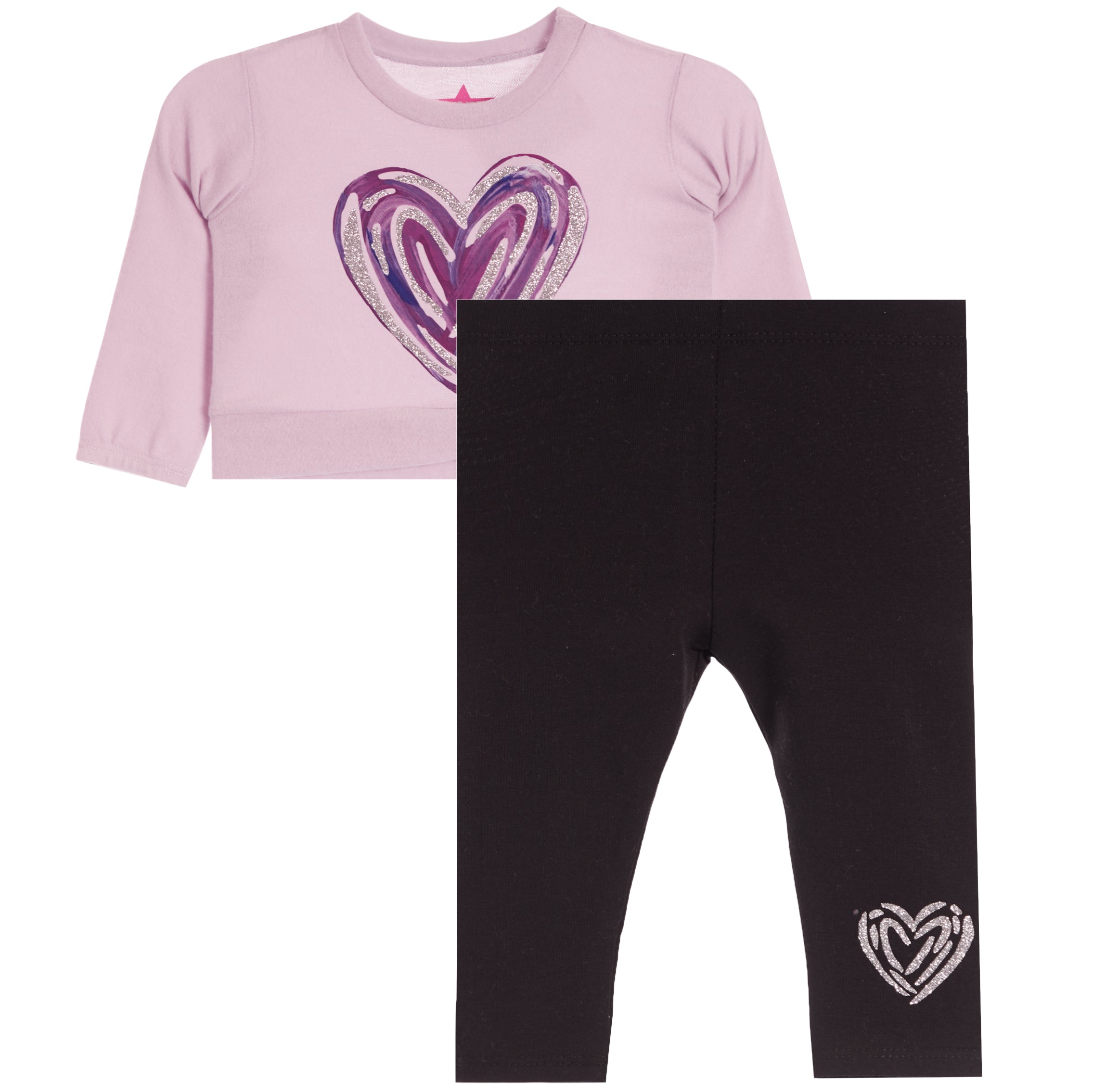 A toddler girl's two-piece outfit set featuring a light pink long-sleeve top with a purple glitter heart graphic on the front, paired with black leggings that have a small white glitter heart on the lower leg.