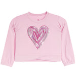 A pink long-sleeve cropped sweatshirt featuring a large, layered glittery heart graphic on the front in shades of pink and silver.