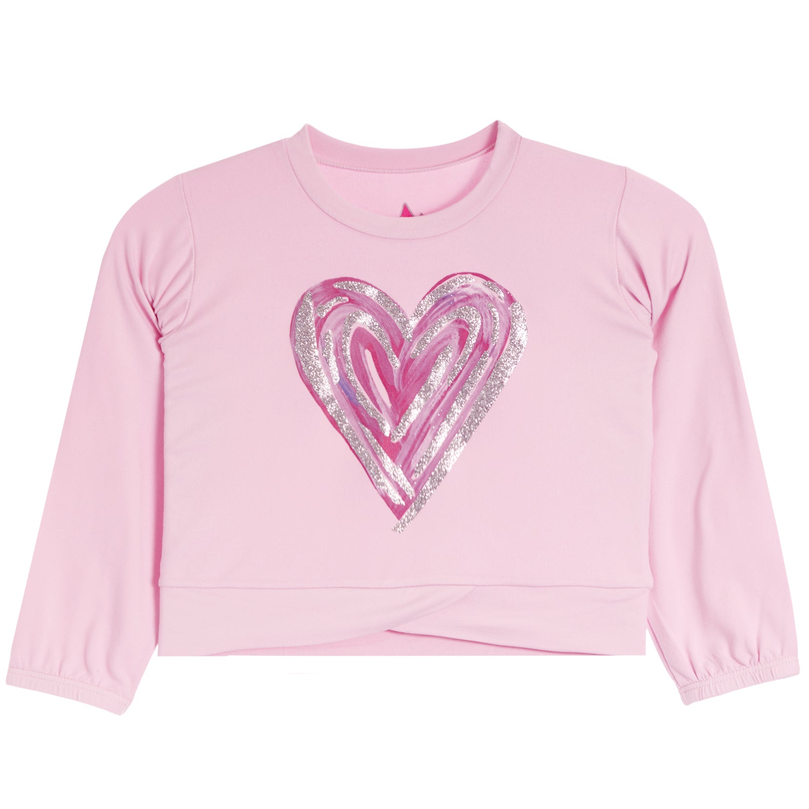 A pink long-sleeve cropped sweatshirt featuring a large, layered glittery heart graphic on the front in shades of pink and silver.
